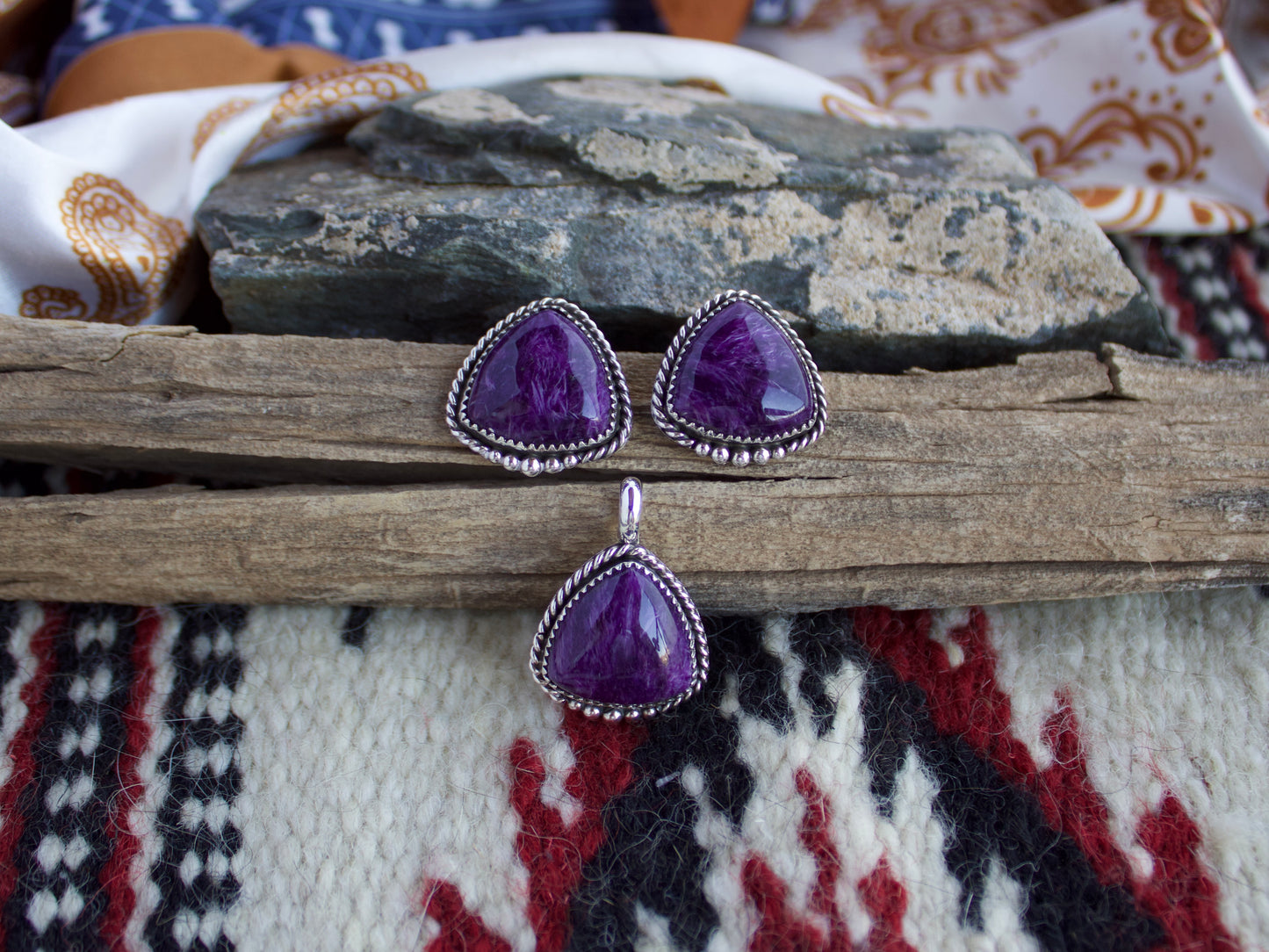 Charoite Post Earring and Pendant Set