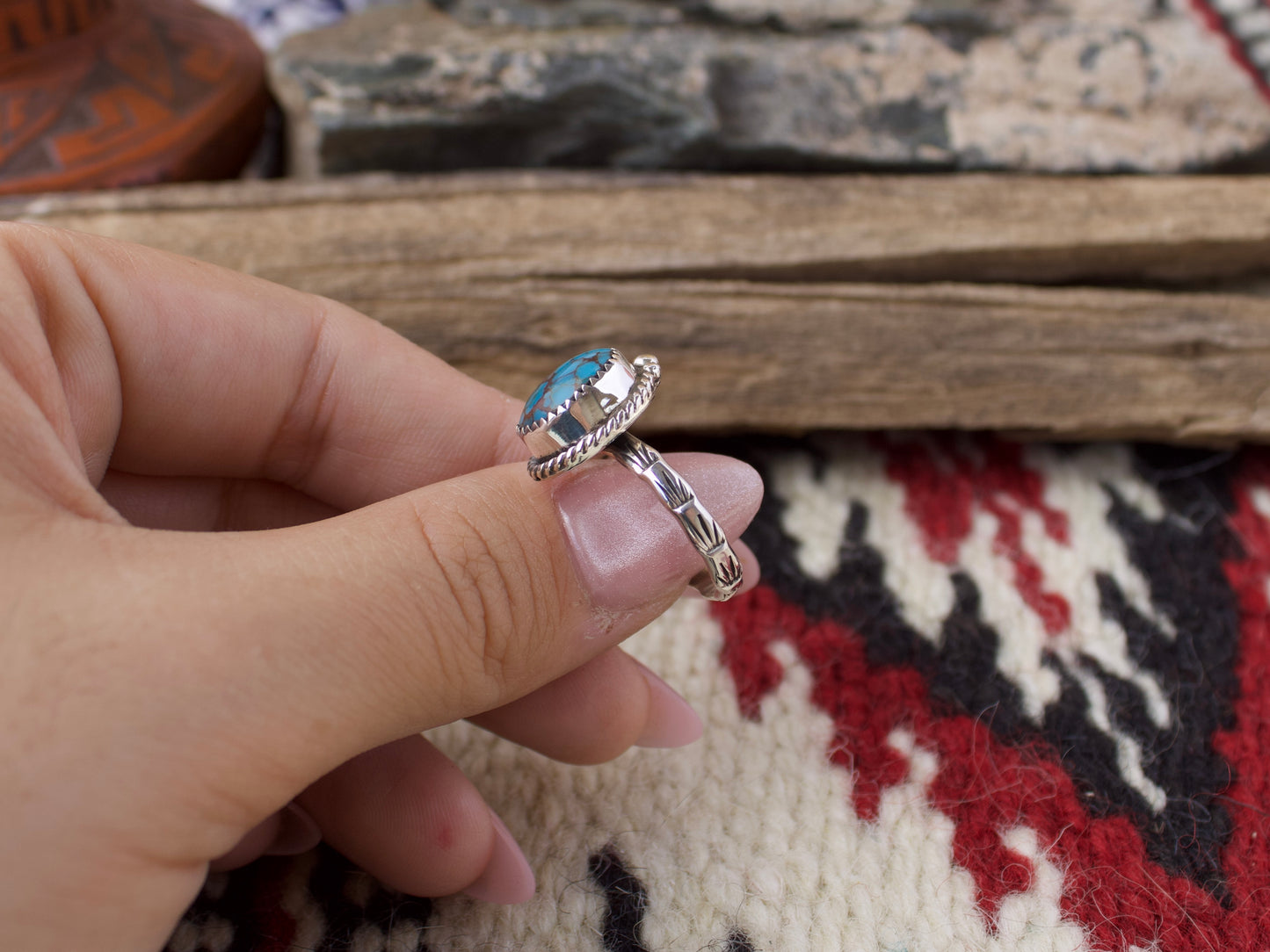 Stamped Band Egyptian Turquoise Ring