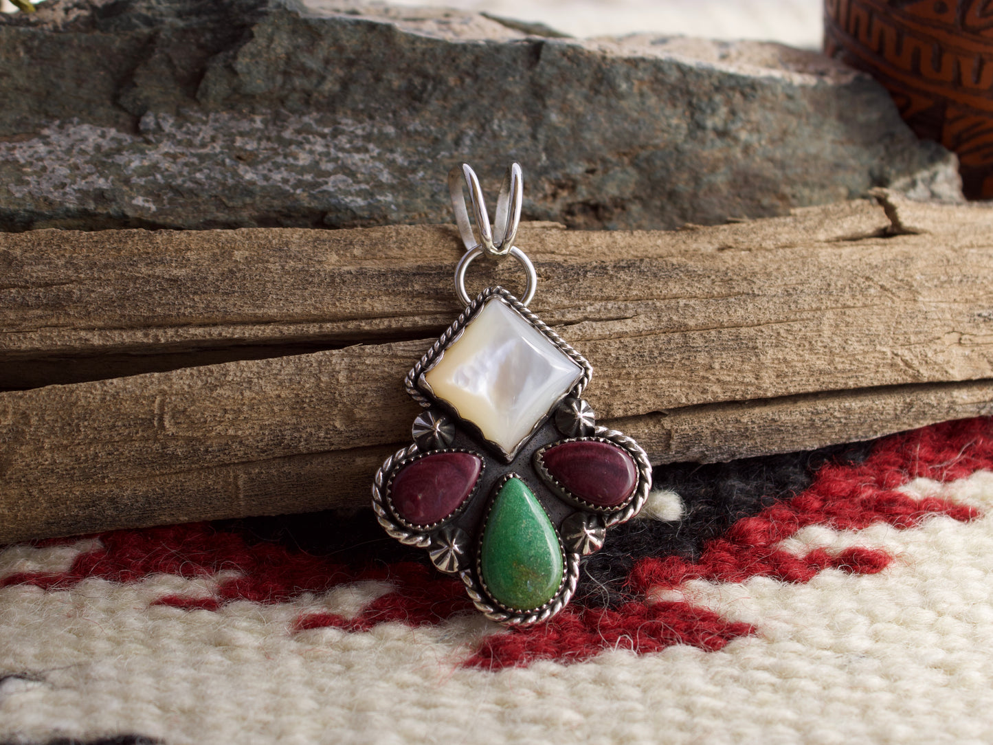 White Mother of Pearl, Purple Spiny Oyster Shell, and Verde Valley Turquoise Pendant #1